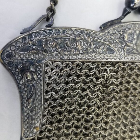 Victorian Purse GERMAN SILVER Mesh EVENING Bag Ornate Floral Frame Kiss Lock VTG - Picture 6 of 11